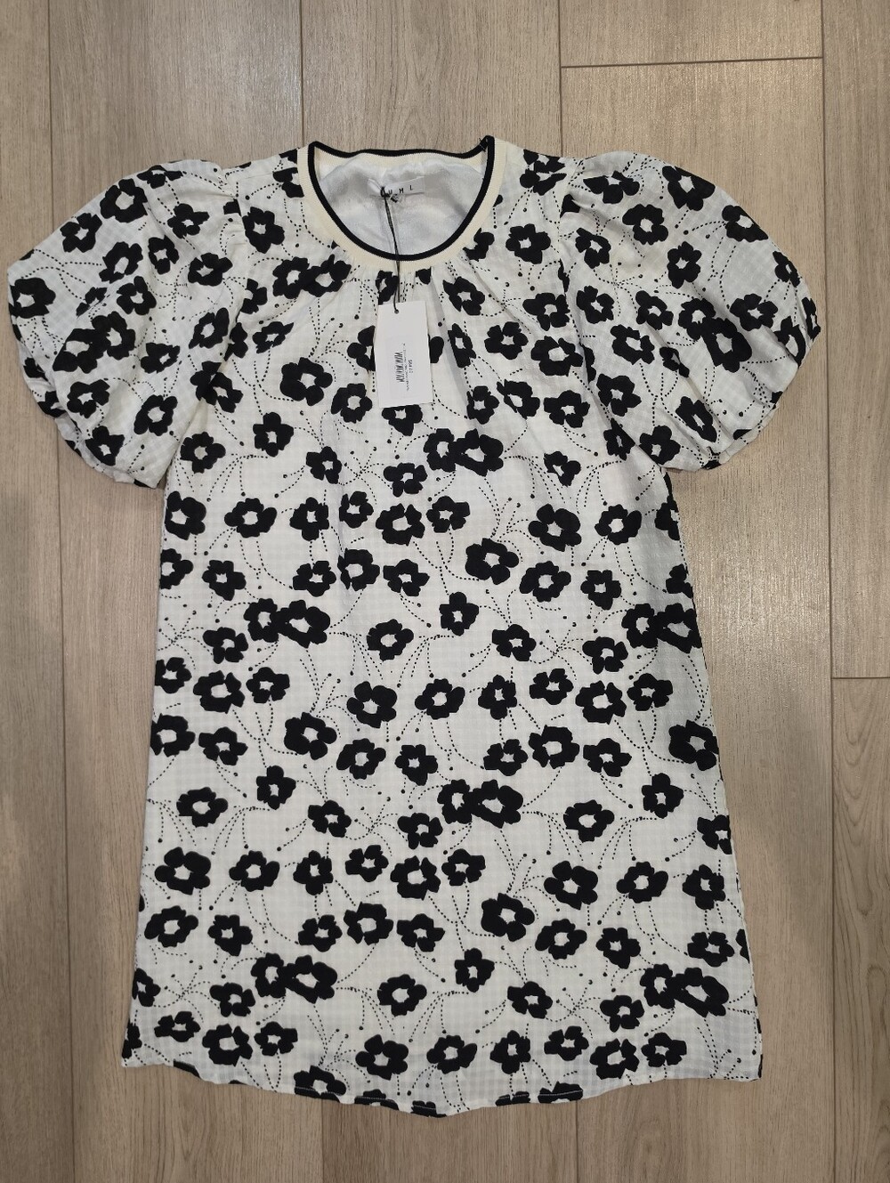 THML Floral Puff Sleeve Mini Dress XS Black Ivory NWT $64 Cottagecore